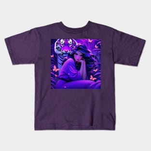 Fantasy girl with tiger in purple aesthetic Kids T-Shirt